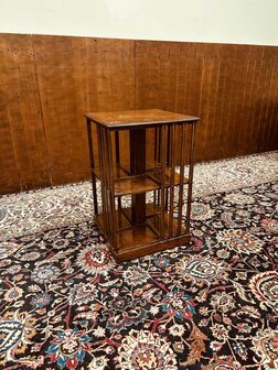 Klassiek-Engels-Antiek-Oud-Mahonie-Roterende-Boekenmolen