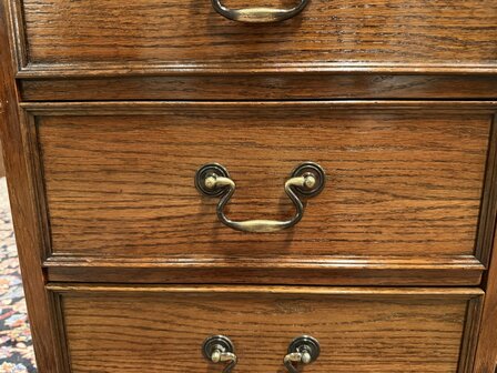 Klassiek-Engels-Antiek-Oud-Chesterfield-Eikenhout-Bureau-Desk-Partnerdesk-Zwart-Leder-Inleg