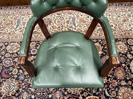 Klassiek-Oud-Antiek-Engels-Chesterfield-GroenLederen-Bureaustoel-Stoel-Chair