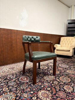 Klassiek-Oud-Antiek-Engels-Chesterfield-GroenLederen-Bureaustoel-Stoel-Chair