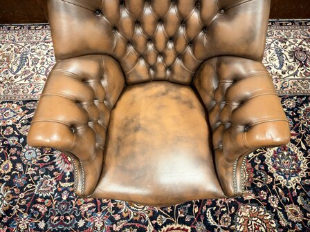 Klassiek-Oud-Engels-Antiek-Chesterfield-Bureaustoel-Director-Chair-in-Bruin-Leder