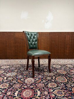 Klassiek-Antiek-Engels-Oud-Chesterfield-Mahonie-Bureaustoel-Stoel-met-Groen-Leder