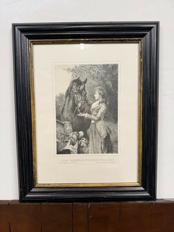 Klassiek-Engels-Antiek-Oud-Chesterfield-Prent-Lady-Redfield-With-Her-Stallion