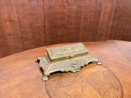 Klassiek-Engels-Antiek-Oud-Messing-Inktstel-met-Briefhouder-en-Postzegel-Kist