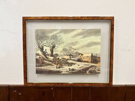 Klassiek-Oud-Antiek-Engels-Prent-Snipe-Shooting-Wortelnotenhout-Lijst