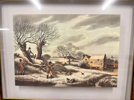 Klassiek-Oud-Antiek-Engels-Prent-Snipe-Shooting-Wortelnotenhout-Lijst-2