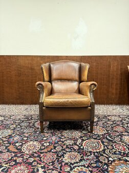 Klassiek-Oud-Antiek-Engels-Chesterfield-Schaap-Leder-Schaapleder-Fauteuil-met-Hocker-Poef