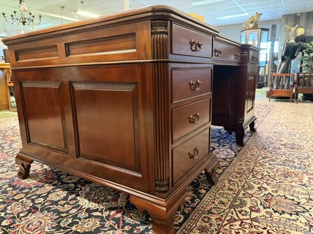 Klassiek-Oud-Antiek-Engels-Chesterfield-Vintage-Bureau-Bureel-Desk-Partnerdesk-Mahonie-Groen-Leder-6