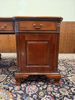 Klassiek-Oud-Antiek-Engels-Chesterfield-Vintage-Bureau-Bureel-Desk-Partnerdesk-Mahonie-Groen-Leder-9