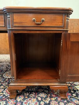 Klassiek-Oud-Antiek-Engels-Chesterfield-Vintage-Bureau-Bureel-Desk-Partnerdesk-Mahonie-Groen-Leder-14