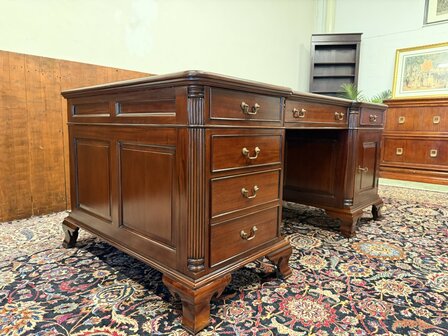 Klassiek-Oud-Antiek-Engels-Chesterfield-Bureau-Bureel-Desk-Partnerdesk-Mahonie-Groen-Leder-4