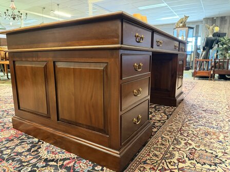 Klassiek-Oud-Antiek-Engels-Chesterfield-Vintage-Bureau-Bureel-Desk-Partnerdesk-Mahonie-Groen-Leder-6