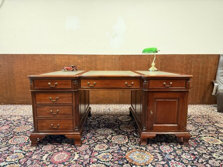Klassiek-Engels-Oud-Antiek-Chesterfield-Vintage-Bureau-Partnerdesk-Desk-met-Groen-Leder-Ingelegd