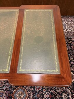 Klassiek-Engels-Oud-Antiek-Chesterfield-Vintage-Bureau-Partnerdesk-Desk-met-Groen-Leder-Ingelegd