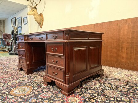 Klassiek-Engels-Oud-Antiek-Chesterfield-Vintage-Bureau-Desk-met-Groen-Leder-Ingelegd