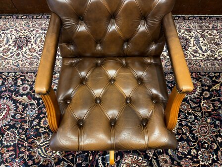 Klassiek-Engels-Antiek-Oud-Chesterfield-Vintage-Bureaustoel-President-Chair-Bruin-Leder