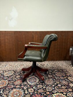Klassiek-Oud-Antiek-Engels-Antiek-Vintage-Chesterfield-Bureaustoel-President-Chair-Groen-Leder