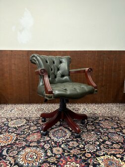 Klassiek-Oud-Antiek-Engels-Antiek-Vintage-Chesterfield-Bureaustoel-President-Chair-Groen-Leder