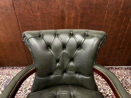 Klassiek-Oud-Antiek-Engels-Antiek-Vintage-Chesterfield-Bureaustoel-President-Chair-Groen-Leder
