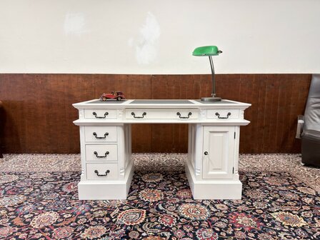 Klassiek-Oud-Antiek-Engels-Antiek-Vintage-Chesterfield-Wit-Bureau-Desk-Partnerdesk-Zwart-Leder