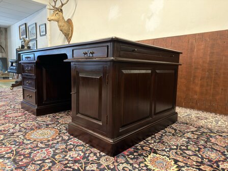 Klassiek-Oud-Antiek-Engels-Antiek-Vintage-Chesterfield-Bureau-Desk-Partnerdesk-Bruin-Leder