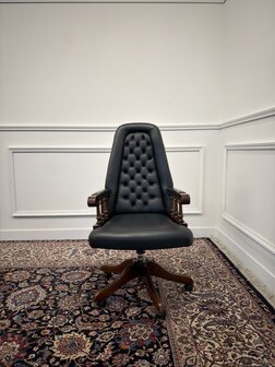 Klassiek-Engels-Antiek-Oud-Chesterfield-Vintage-Bureaustoel-President-Chair-Zwart-Leder