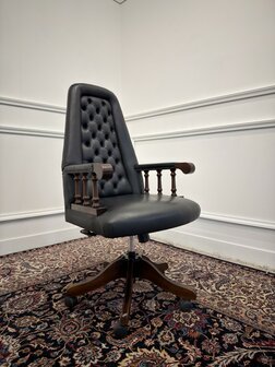 Klassiek-Engels-Antiek-Oud-Chesterfield-Vintage-Bureaustoel-President-Chair-Zwart-Leder