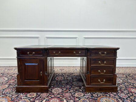 Klassiek-Engels-Antiek-Oud-Chesterfield-Vintage-Bureau-Desk-Partnerdesk-Groen-Leder-Ingelegd