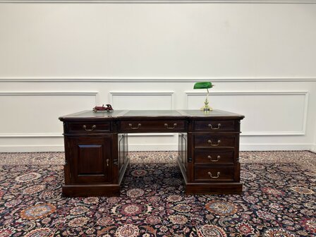 Klassiek-Engels-Antiek-Oud-Chesterfield-Vintage-Bureau-Desk-Partnerdesk-Groen-Leder-Ingelegd
