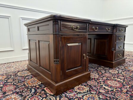 Klassiek-Engels-Antiek-Oud-Chesterfield-Vintage-Bureau-Desk-Partnerdesk-Groen-Leder-Ingelegd