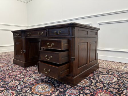 Klassiek-Engels-Antiek-Oud-Chesterfield-Vintage-Bureau-Desk-Partnerdesk-Groen-Leder-Ingelegd