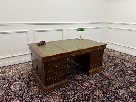 Klassiek-Engels-Antiek-Oud-Chesterfield-Vintage-Bureau-Desk-Partnerdesk-Groen-Leder-Ingelegd