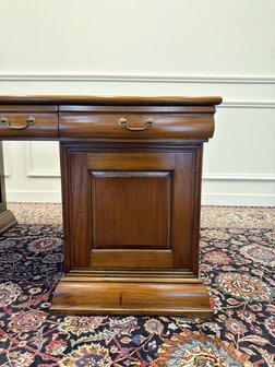 Klassiek-Engels-Antiek-Oud-Chesterfield-Vintage-Bureau-Desk-Partnerdesk-Groen-Leder-Ingelegd