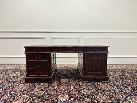 Klassiek-Engels-Antiek-Oud-Vintage-Chesterfield-Bureau-Desk-Partnerdesk-Groen-Leder
