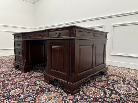Klassiek-Engels-Antiek-Oud-Vintage-Chesterfield-Bureau-Desk-Partnerdesk-Groen-Leder