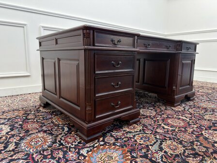 Klassiek-Engels-Antiek-Oud-Vintage-Chesterfield-Bureau-Desk-Partnerdesk-Groen-Leder