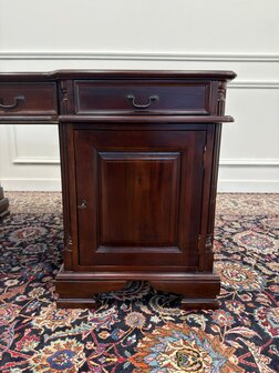 Klassiek-Engels-Antiek-Oud-Vintage-Chesterfield-Bureau-Desk-Partnerdesk-Groen-Leder