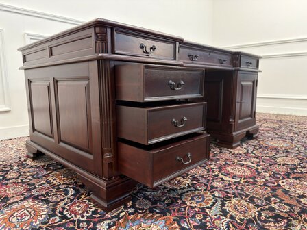 Klassiek-Engels-Antiek-Oud-Vintage-Chesterfield-Bureau-Desk-Partnerdesk-Groen-Leder
