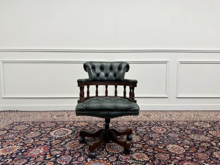 Klassiek-Engels-Antiek-Oud-Vintage-Chesterfield-Bureaustoel-Captain-Chair-Groen-Leder
