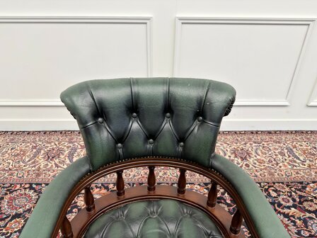Klassiek-Engels-Antiek-Oud-Vintage-Chesterfield-Bureaustoel-Captain-Chair-Groen-Leder
