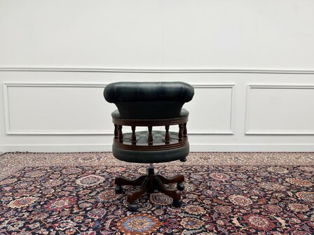 Klassiek-Engels-Antiek-Oud-Vintage-Chesterfield-Bureaustoel-Captain-Chair-Groen-Leder