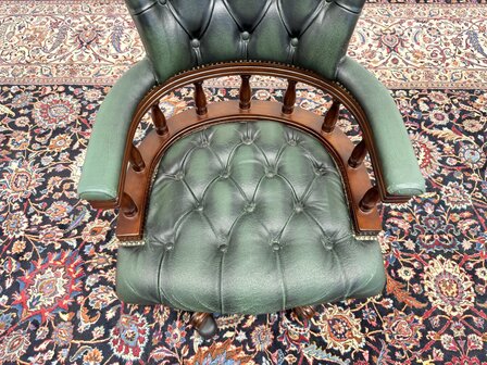 Klassiek-Engels-Antiek-Oud-Vintage-Chesterfield-Bureaustoel-Captain-Chair-Groen-Leder