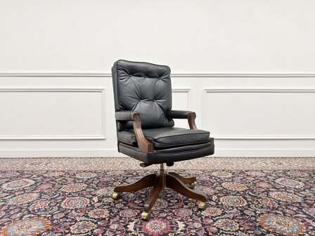 Klassiek-Engels-Antiek-Oud-Vintage-Chesterfield-Bureaustoel-President-Chair-Zwart-Leder