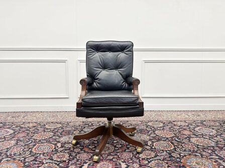 Klassiek-Engels-Antiek-Oud-Vintage-Chesterfield-Bureaustoel-President-Chair-Zwart-Leder