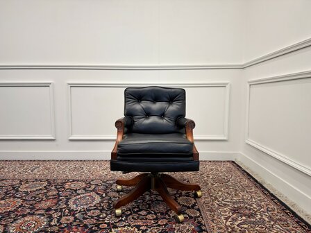 Klassiek-Engels-Vintage-Antiek-Oud-Chesterfield-Bureaustoel-President-Chair-Zwart-Leder
