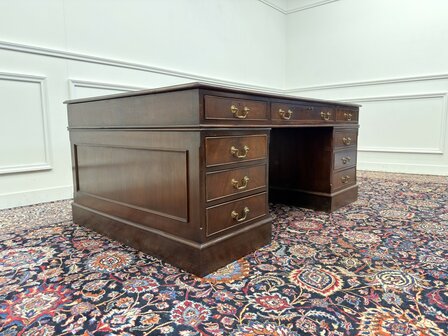 Klassiek-Engels-Antiek-Oud-Vintage-Chesterfield-Bureau-Desk-Partnerdesk-Olijf-Groen-Leder
