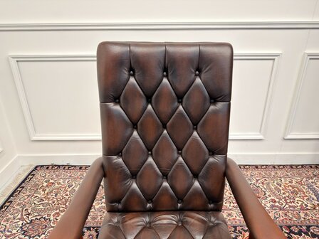 Klassiek-Engels-Antiek-Oud-Vintage-Chesterfield-Bureaustoel-President-Chair-Oxblood-Bruin-Leder