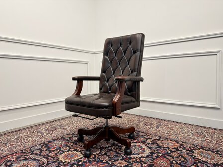Klassiek-Engels-Antiek-Oud-Vintage-Chesterfield-Bureaustoel-President-Chair-Oxblood-Bruin-Leder