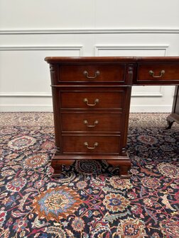 Klassiek-Engels-Antiek-Oud-Vintage-Chesterfield-Bureau-Desk-Partnerdesk-Groen-Leder-Ingelegd