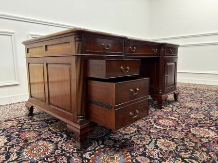 Klassiek-Engels-Antiek-Oud-Vintage-Chesterfield-Bureau-Desk-Partnerdesk-Groen-Leder-Ingelegd